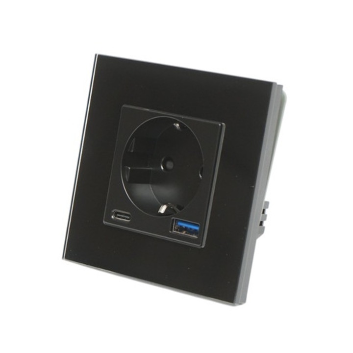 Egyszerű aljzat, Schuko típusú, USB-A és USB-C porttal, 20 W gyors töltés, üveg keret, 8.6 x 8.6 x 3.4 cm, fekete