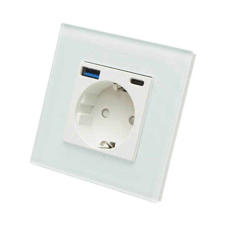 Schuko aljzat, USB A és USB C, 220V, 16A, üvegkeret, 20 W gyors töltés, 8.6 x 8.6 x 3.4 cm, fehér