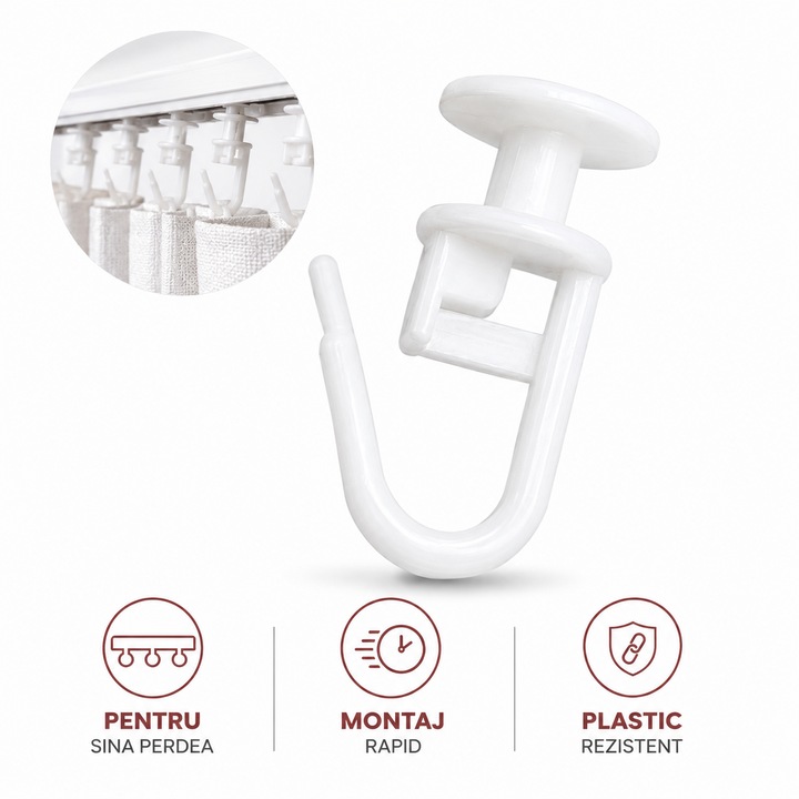 Carlige pentru Sina Perdea VARENTIS™, Set 100 Buc, Calareti Plastic Rezistenti, Montaj Rapid, Alunecare Usoara, Pentru Perdele Draperii cu Rejansa, Alb