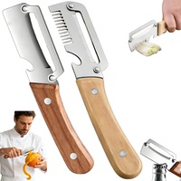 Set 2 curatator legume multifunctional 3-in-1, Bedee, Curatator de fructe din otel inoxidabil cu maner din lemn, razatoare si desfacator de sticle, ustensila de bucatarie ergonomica, Culoarea lemnului - Argintiu