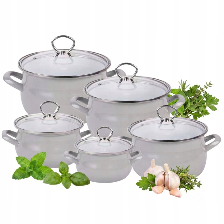 Комплект емайлирани тенджери, Enamel Rybnik, Classico, 10 части, 1,9 л, 2,8 л, 4 л, 5 л, 6,5 л, за индукция и газ, с капаци, въглеродна стомана