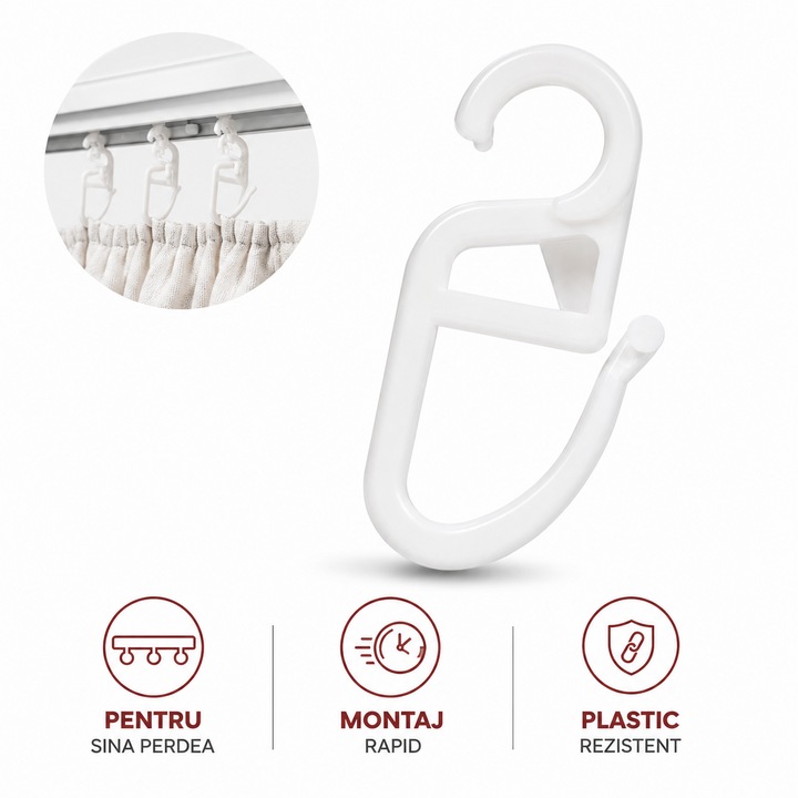 Carlige pentru Perdea cu Rejansa VARENTIS™, Plastic Rezistent, Montaj Rapid, Calareti pentru Sina Perdea Draperie, Alb, Set 50 Buc