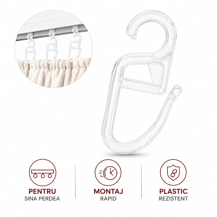 Carlige pentru Perdea cu Rejansa VARENTIS™, Plastic Rezistent, Montaj Rapid, Calareti pentru Sina Perdea Draperie, Transparent, Set 50 Buc