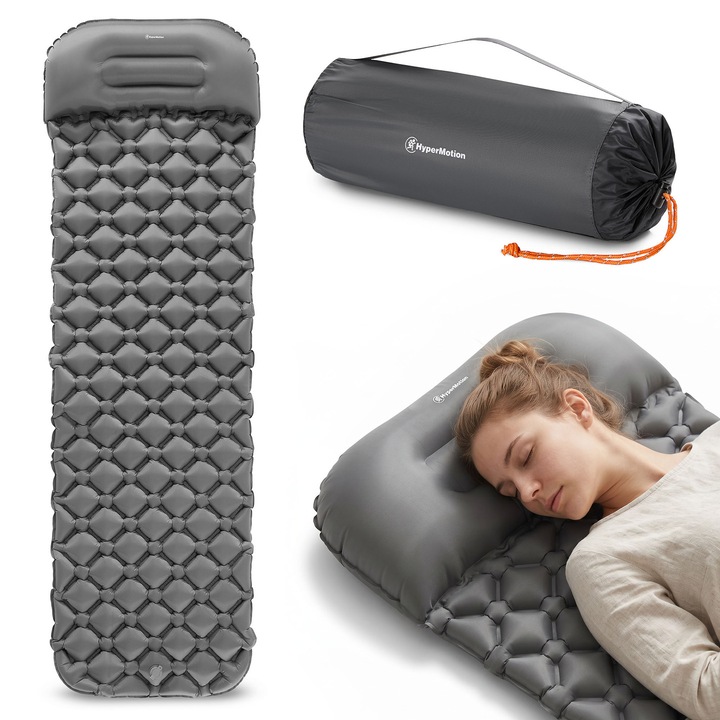 HyperMotion Campmat Ultrakönnyű Felfújható Matrac Kempingezéshez 190x56 cm, 470 g, Integrált Párna, Nylon Ripstop TPU, Túra- és Sátormatrac, Szürke