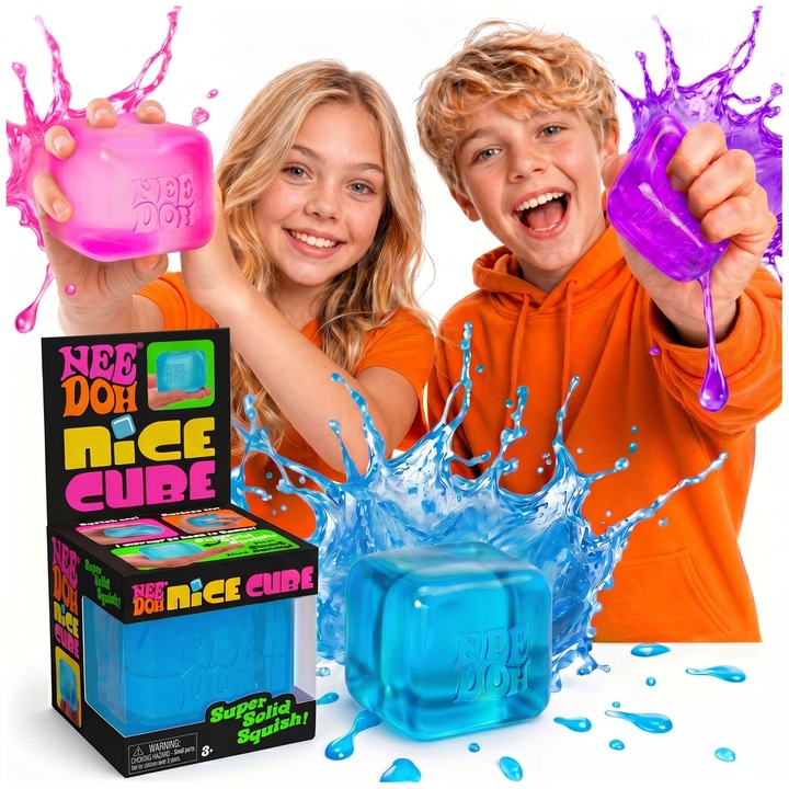 NeeDoh Nice Cube Jucarie antistres Squishy, Cub de gheata cu efect de memorie, senzoriala si relaxanta, pentru copii si adulti, culoare aleatorie