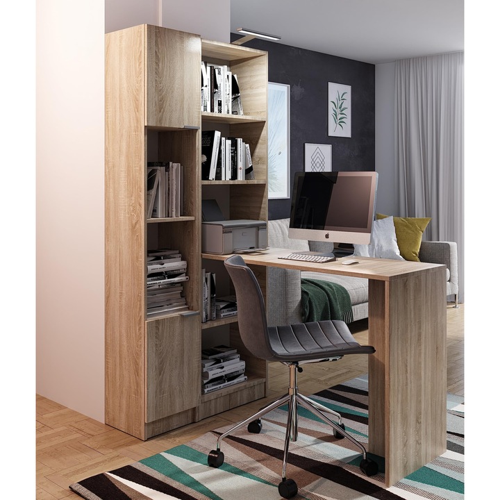 KIER B-1 íróasztal polccal – 16 mm laminált forgácslap, állítható lábak, 125x183x82 cm – Sonoma tölgy