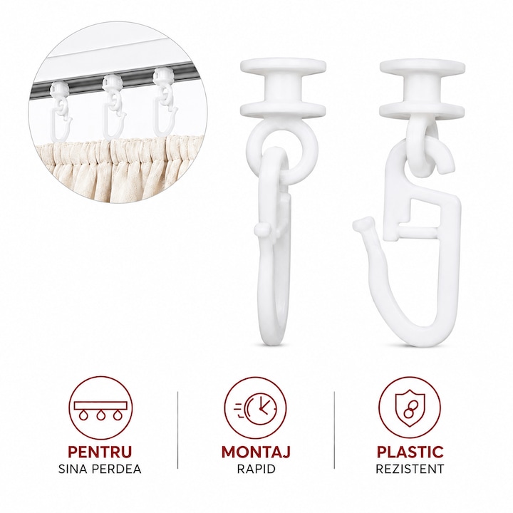 Carlige pentru Sina Perdea VARENTIS™, Sistem 2 in 1, Plastic Rezistent, Compatibile cu Rejansa, Montaj Rapid, Alb, Set 50 Buc