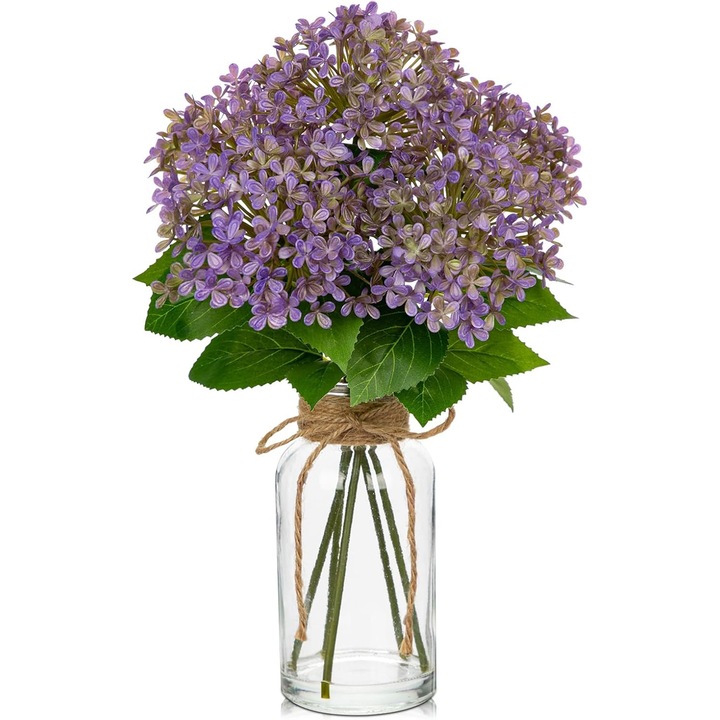 Művirág, Briful, hortenzia üvegvázában, 25 cm, lila, asztali dekoráció, valósághű megjelenés, vízutánzat, dekoratív juta, üveg