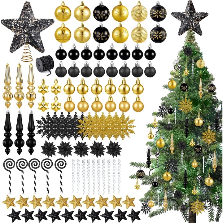 Karácsonyfadísz készlet, Sinmoe, 104 darab, karácsonyi gömbök, 3–20 cm, fekete és arany, műanyag, hab, textil, csillám, 42 zsinór