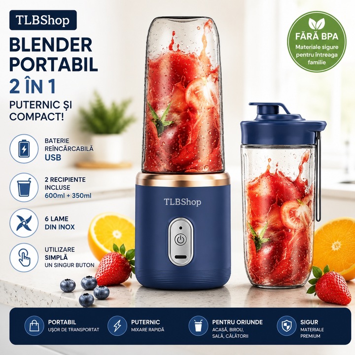 Blender Electric Portabil TLBShop®, Reincarcabil USB, 6 Lame Inox, 600ml + 350ml, Smoothie Maker, Shake Proteic, Blender pentru Fructe, Legume si Gheata