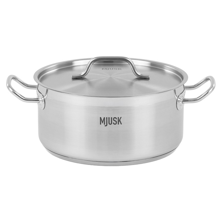 Oala profesionala inox cu capac, MJUSK, 8L, 28 cm, otel inoxidabil, fund triplu, oala horeca pentru gatit, compatibila inductie, gaz, electric si vitroceramic, inox