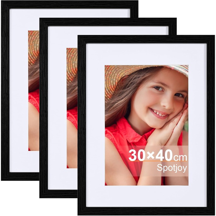 Rame foto, Spotjoy, set de 3, 30 x 40 cm, negre, pentru agatat si montat, cu passe-partout, MDF, sticla