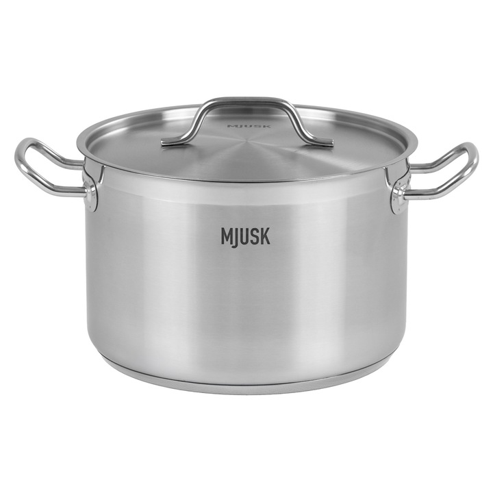 Oala profesionala inox cu capac, MJUSK, 11, 1 L, 28 cm, otel inoxidabil, fund triplu, oala horeca pentru gatit, compatibila inductie, gaz, electric si vitroceramic, inox