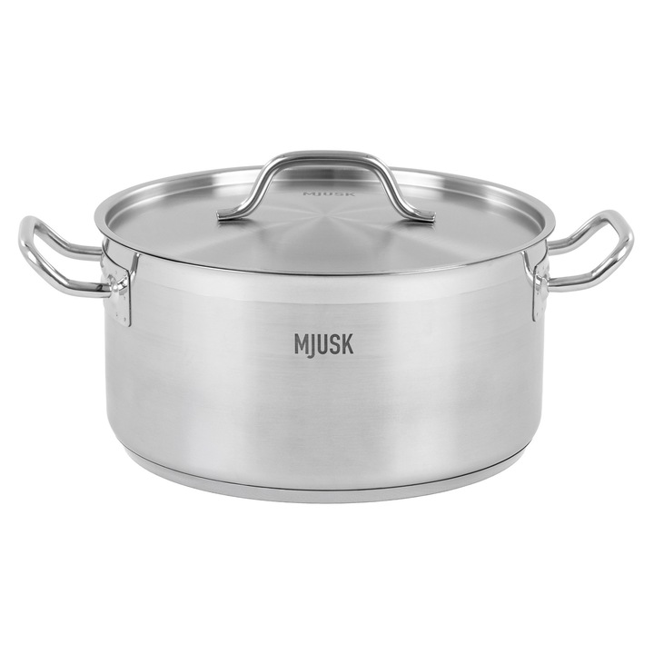 Oala profesionala inox cu capac, MJUSK, 12, 9 L, 320 cm, otel inoxidabil, fund triplu, oala horeca pentru gatit, compatibila inductie, gaz, electric si vitroceramic, inox