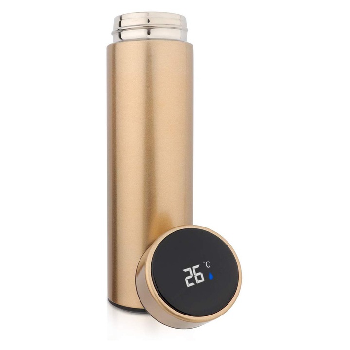 Termos HERUSI 500ml, izolatie vidata, afisaj temperatura, auriu mat