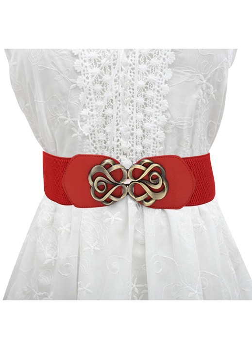 1 buc. curea elastica vintage pentru rochie, pentru femei, curea elastica pentru talie, tip floare trandafir, cu catarama dubla (Rosu)