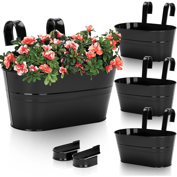 4 bucati de ghivece de flori suspendate din metal, Bedee, ghivece mari de plante de 27x14x12cm, Robust si durabil, galeata suspendata pentru flori cu carlig detasabil pentru balcon, gard, gradina, decor de casa, negru