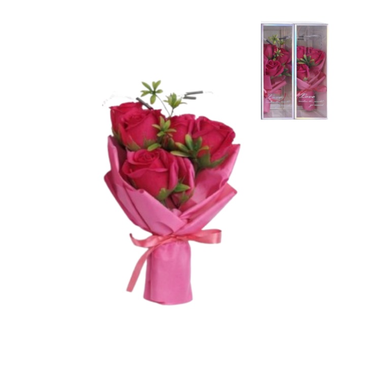 Buchet cu 3 trandafiri din sapun, parfumat, cutie cadou, plastic, roz, 20 cm