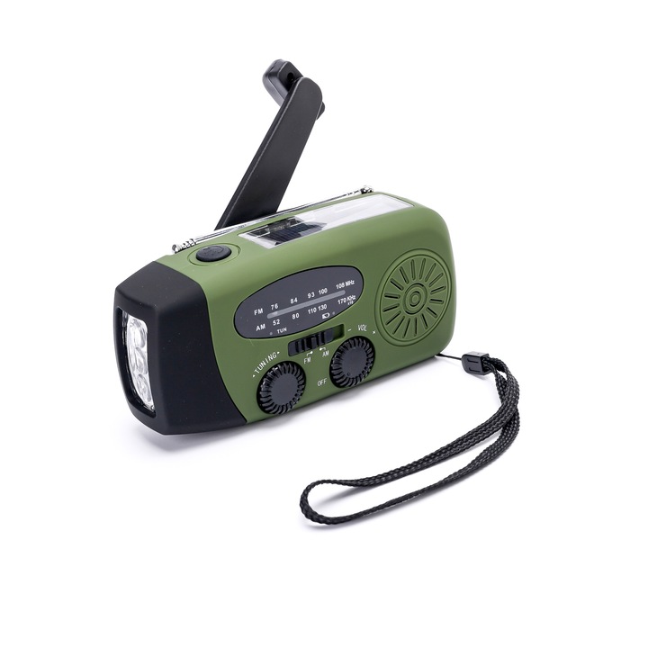 Hordozható rádió kempingezéshez, Aiorber, 3 LED-es zseblámpa, vészhelyzeti rádió, kézi hajtókaros, USB és napelemes töltés, 5 antenna, AM/FM/WB, katonai zöld