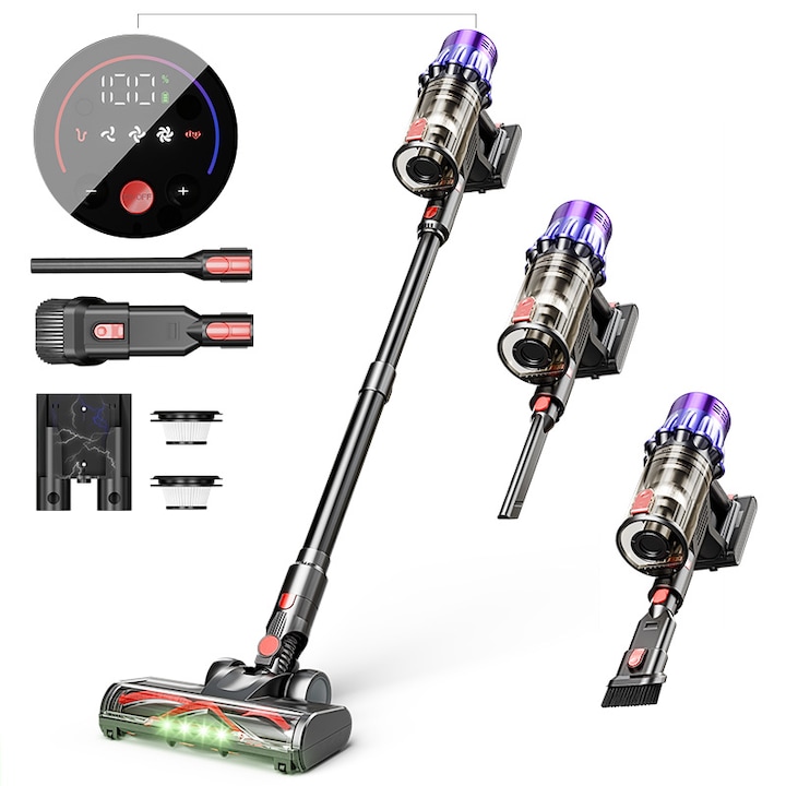 Aspirator vertical fara fir, Aiorber, 650 W, rezervor de praf de 1, 52, 40 kPa, 3 trepte de reglare a puterii, set de accesorii cu diverse capete de aspirare, tub vertical telescopic