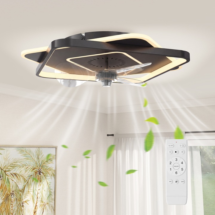 Вентилатор за таван с LED светлина, 53x12.5см, прозрачно черен, 6 скорости, дистанционно управление