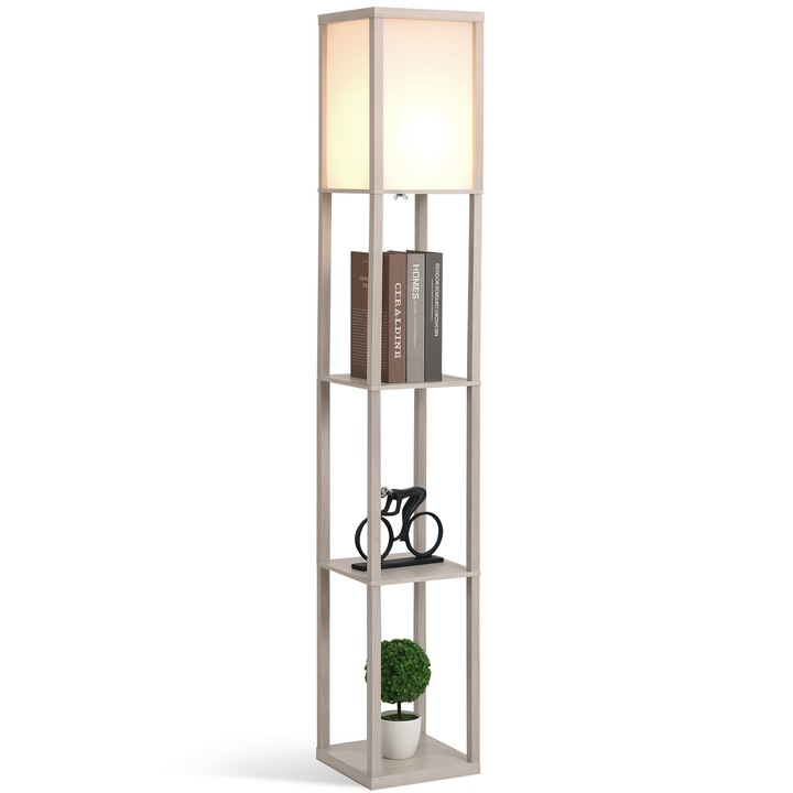 Lampadar modern cu 3 rafturi, lemn laminat, alb, 26x26x160cm