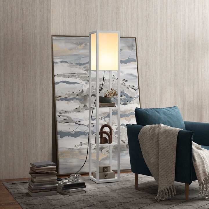 Lampadar modern cu 3 rafturi integrate, alb, 26x26x160cm
