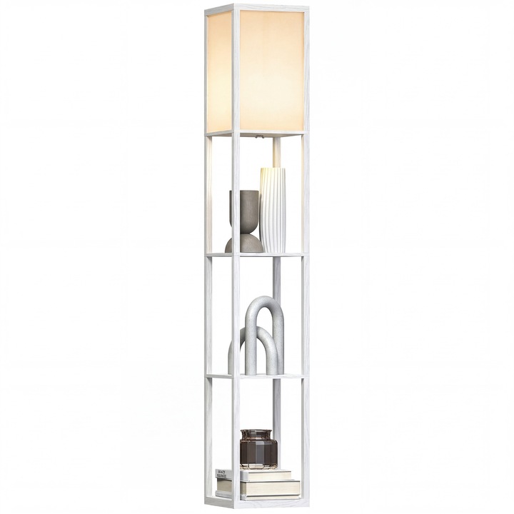 Lampadar cu rafturi, lemn, alb, 26x26x160cm