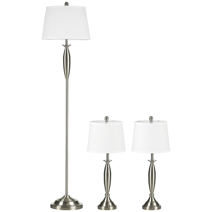 Set lampa podea si 2 lampi de masa, modern, argintiu alb, 38x162cm 30x70cm