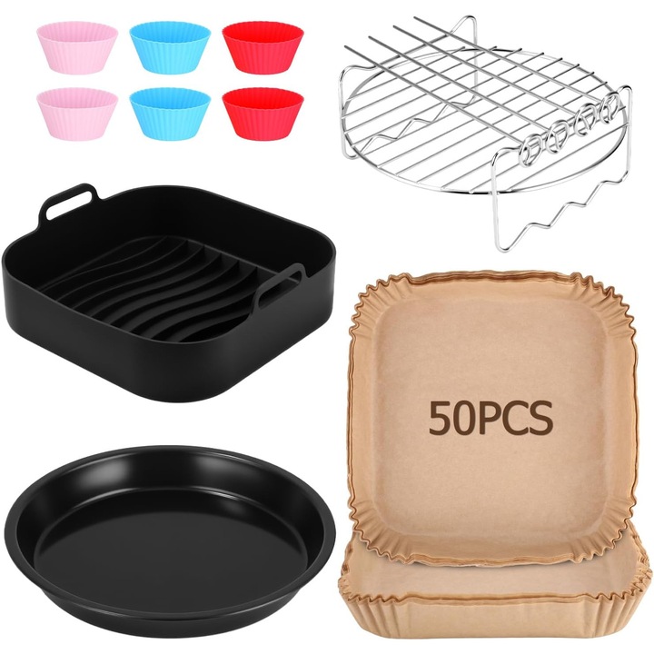 21 cm-es légfritőz kiegészítők kompatibilisek a Philips XL 6,2 L, COSORI 5,5 L 4,7 L, Cecotec 5,5 L 6 L készülékekkel, 5 darab újrafelhasználható szilikon forma légfritőzkhöz, pizzatálca, grillrács, sütőpapír légfritőzkhöz