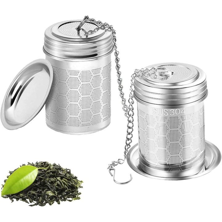 2 db rozsdamentes acél teatojás készlet, hálós teagolyók fűszerekhez és ízesítőkhöz, lánccal bögréhez/teáskannához/pohárhoz