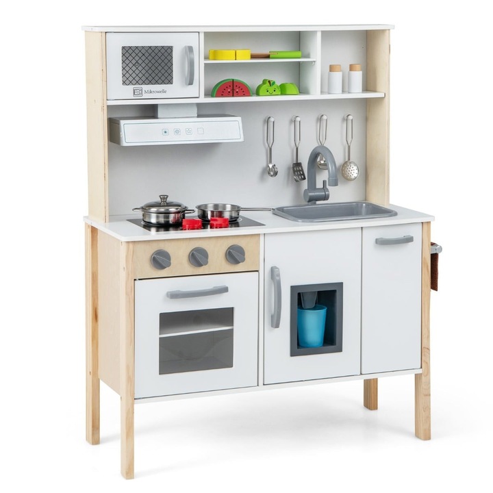 Set bucatarie din lemn pentru copii cu cuptor cu microunde si 18 accesorii
