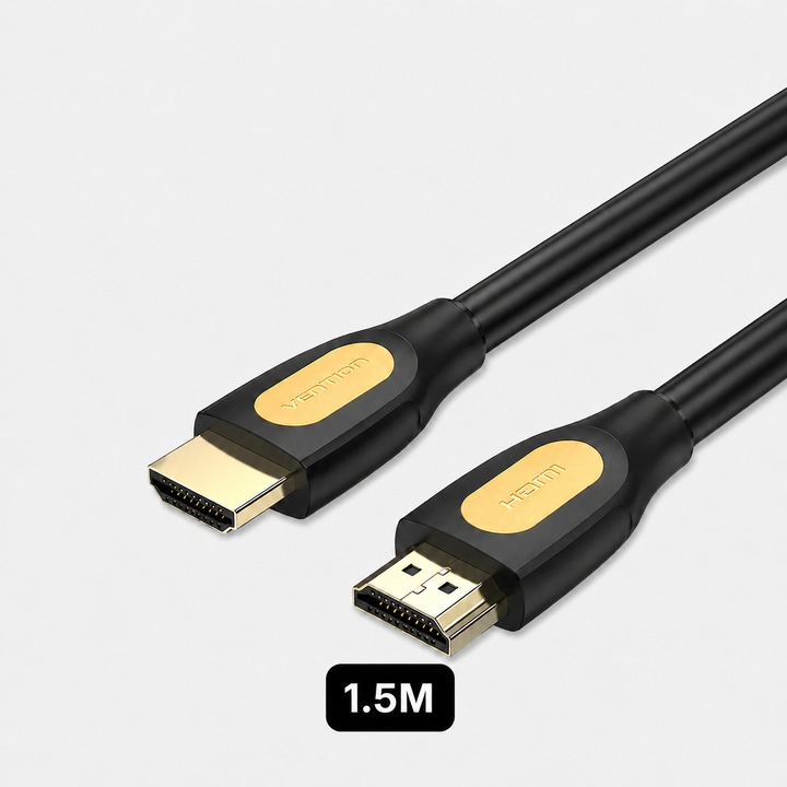 Cablu video Vention, HDMI (T) la HDMI (T), 1.5m, rezolutie 4K la 60Hz, conectori auriti, negru-galben