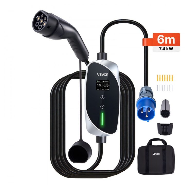 Statie incarcare portabila EV tip 2, Incarcator auto monofazat, 6 m, priza CEE, ecran LCD, Statie de incarcare EV reglabila, Cutie de control IP66, 7, 4 kW, 32A