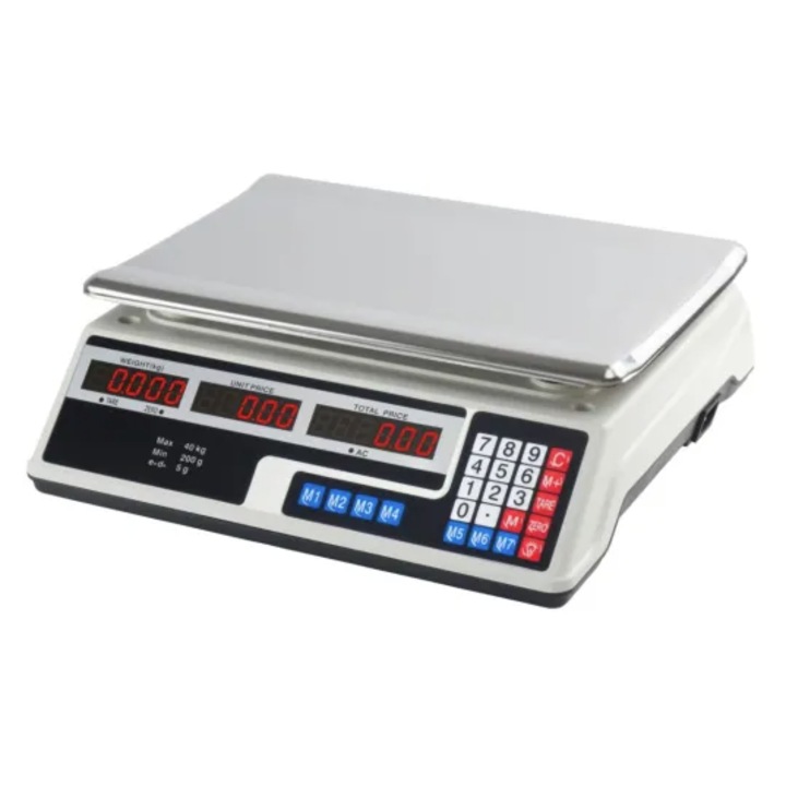 Cantar Electronic Comercial 40 kg, Aﬁsaj Dublu LCD, Calculare Pret si Acumulator Reincarcabil