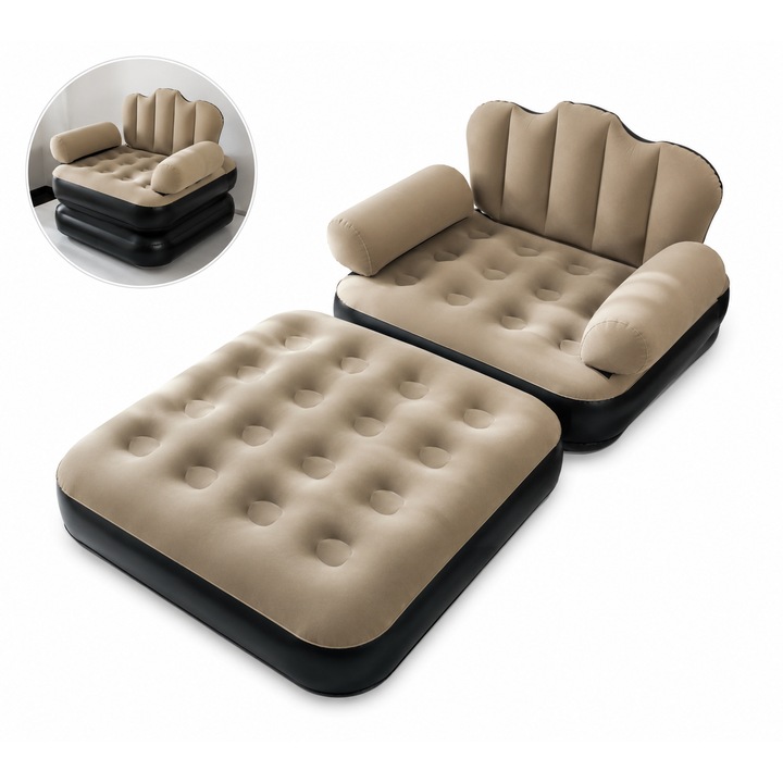 Fotoliu Gonflabil cu Taburet, Canapea Gonflabila 2 in 1, Bej si Negru, Confortabil pentru Living, Dormitor, Birou sau Camping, dalimag