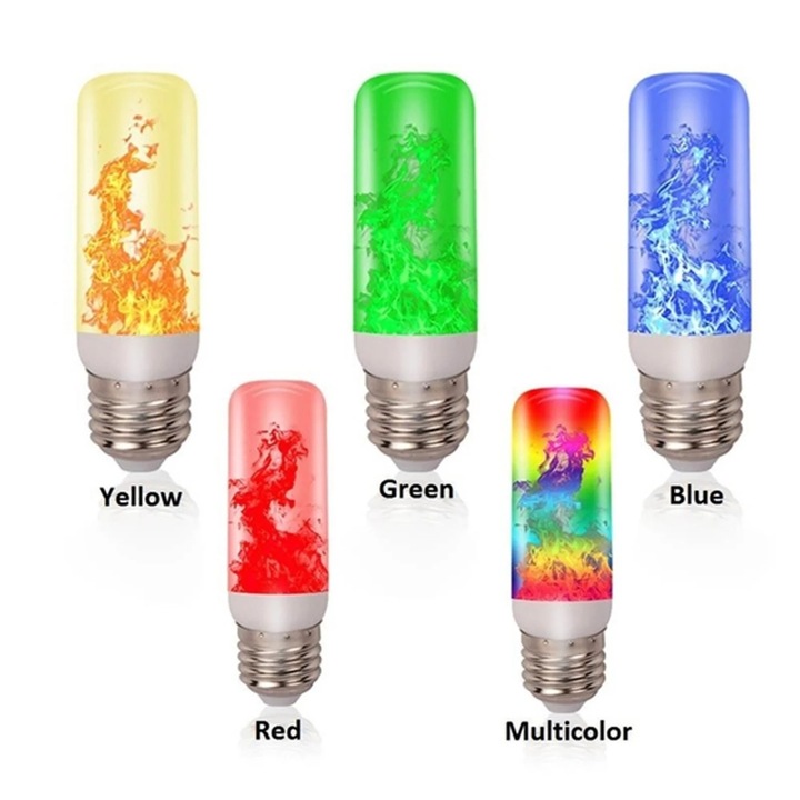 LED крушка E27 с ефект на пламък, 4 режима, многоцветна, 13x5x4см