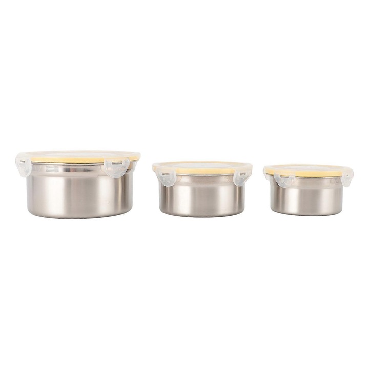 Set 3 cutii alimentare rotunde inox capacitate mare diverse dimensiuni