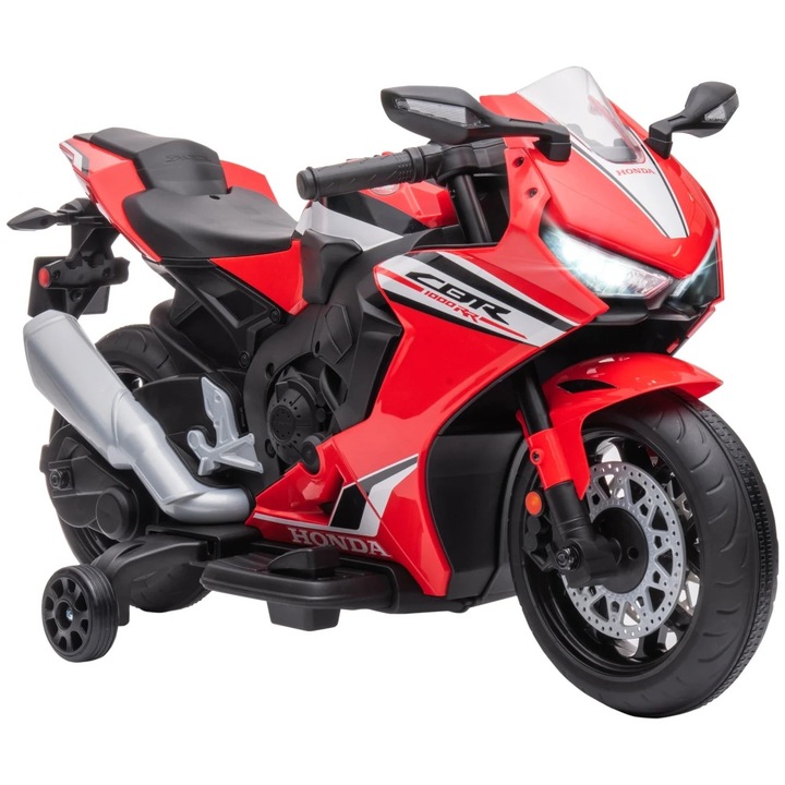Elektromos gyermek motorkerékpár PP-ből és fémből, 90x44x52 cm, 6V/4.5A, sebesség 3 km/h, üzemidő 45 perc, életkor 3-5 év, terhelhetőség 30 kg, piros, Re-Bloom