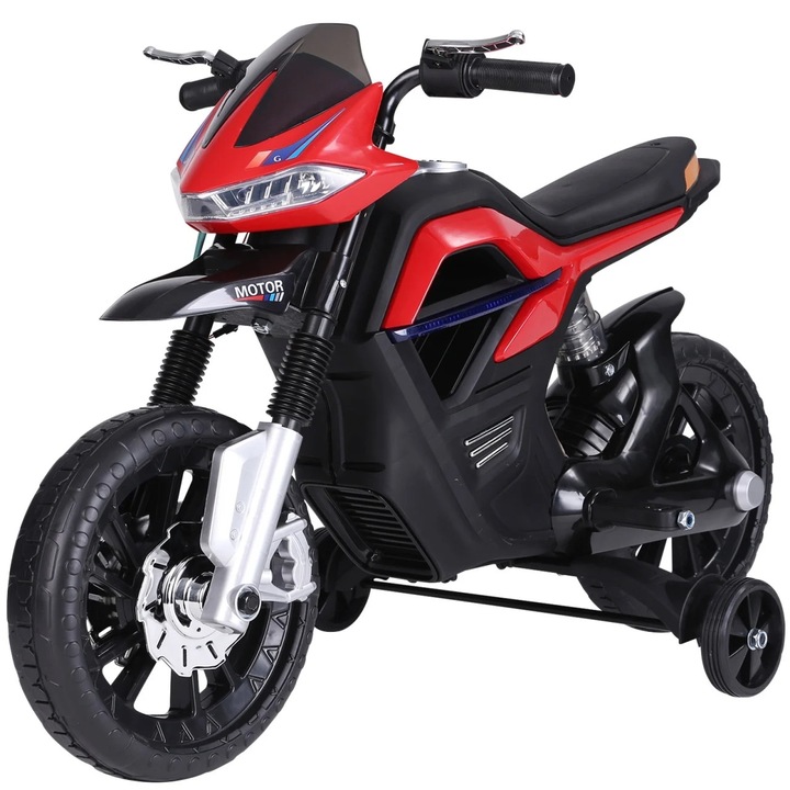 Motoreta elektromos gyermekeknek PP-ből és fémből, 105x52.3x62.3 cm, 6V motor, dupla felfüggesztés, zene és fények mellékelve, 3 km/h, 45 perc üzemidő, 3-6 éves korig, piros/fekete, Re-Bloom