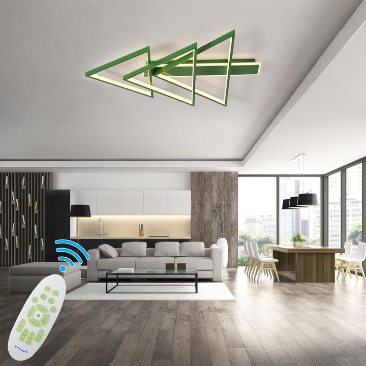LED mennyezeti lámpa, UVWHYZ, design, 114 cm, 102 W, szabályozható, távirányítóval, memória funkcióval, zöld, alumínium, szilikon, vas alap, állítható fényszín 3000–6500