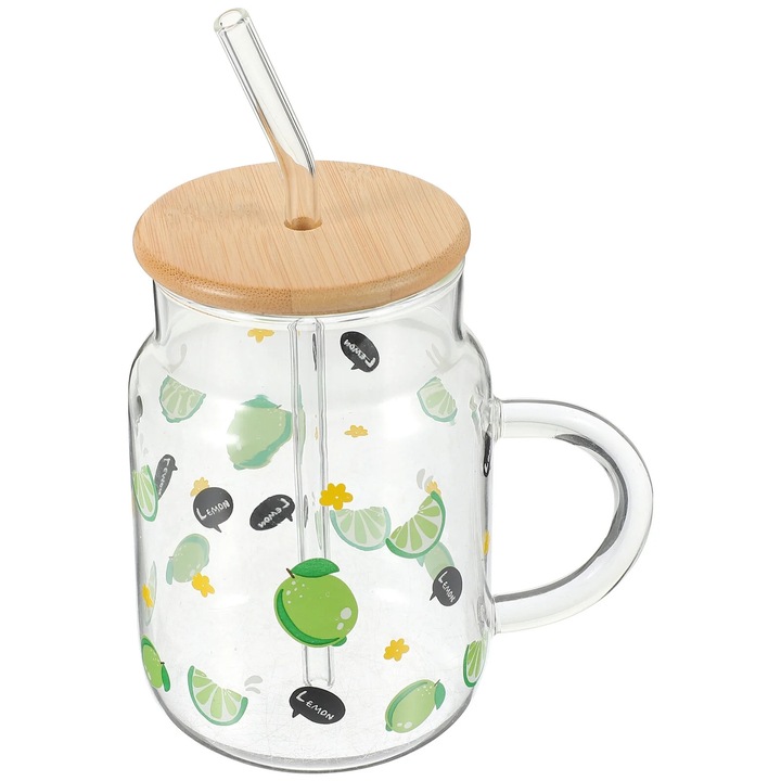Set pahar sticla cu capac si pai verde 12x7x7cm