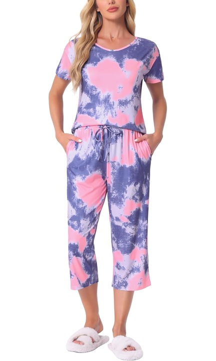 Női pizsama, Cheibear, tie-dye, 2 részes szett, L méret, pamut, lila, rövid ujjú, zsebekkel, otthoni viseletre