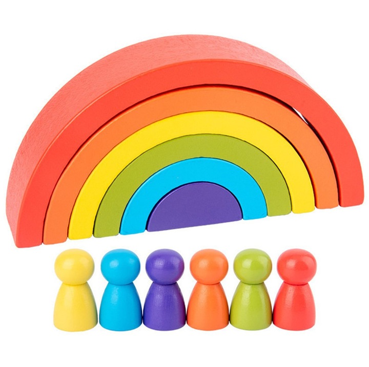 Curcubeu Montessori din lemn cu 6 piese si 6 pitici