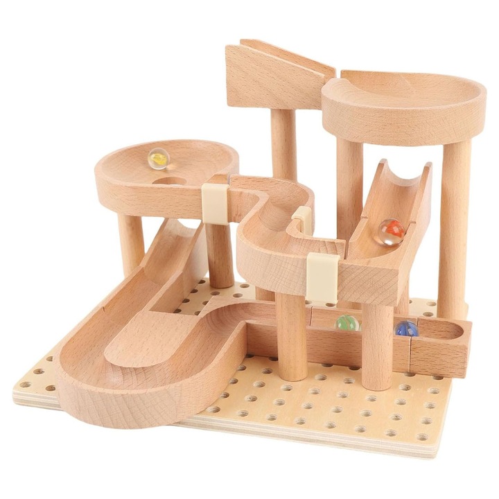 Joc Marble Run din lemn cu 33 piese circuit Montessori natur