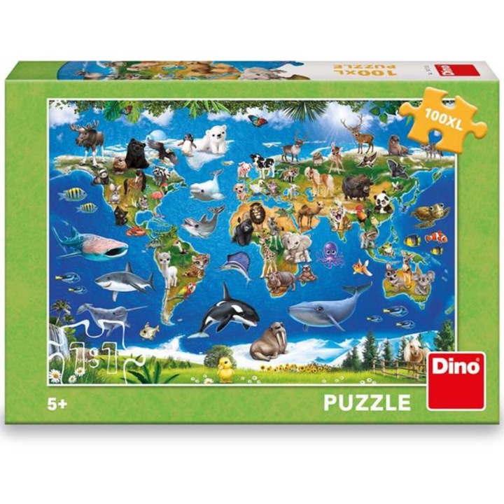 Детски пъзел Dino, карта на света с животни, 100 XL части