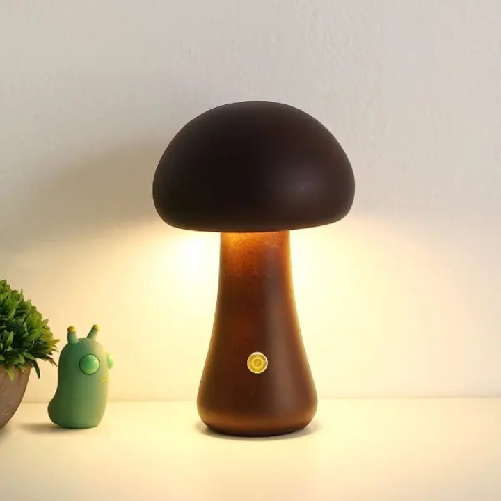 Lampa de noptiera HERUSI ciuperca, reglabila, portabila, nuc, mare