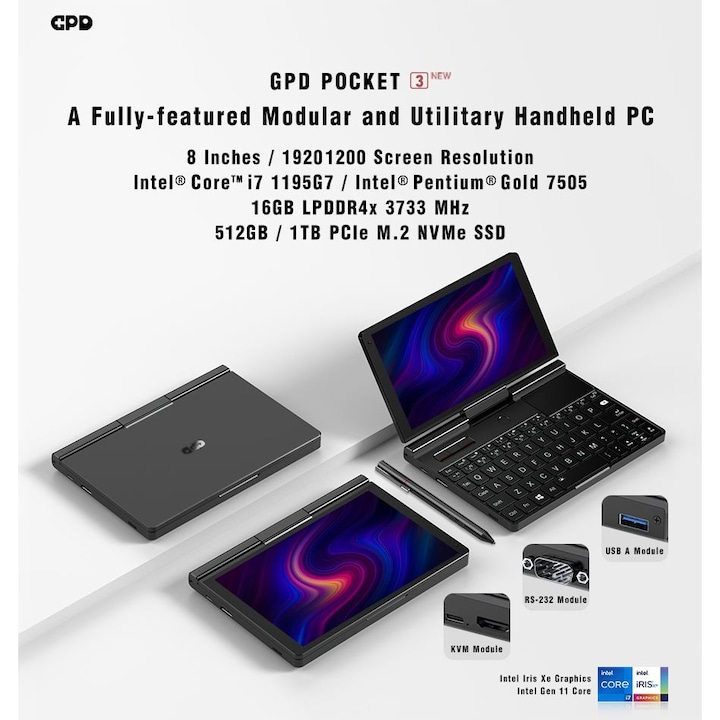 Laptop GPD Pocket 3K1 GPD-POCKET-3, 8 inch 1920 x 1200 pixeli Touchscreen, Intel 7505 2 C / 4 T, 2.0 GHz - 3.5 GHz, 4 MB cache, 15 W, 16 GB LPDDR4X, 512 GB SSD, Intel UHD Graphics, Windows 11, Tastatura English US, Negru
