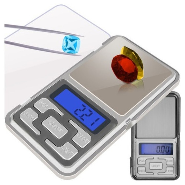 Mini cantar electronic de buzunar pentru bijuterii, monede si ingrediente, capacitate 500 g, precizie 0.1 g, 12 x 6 x 2 cm