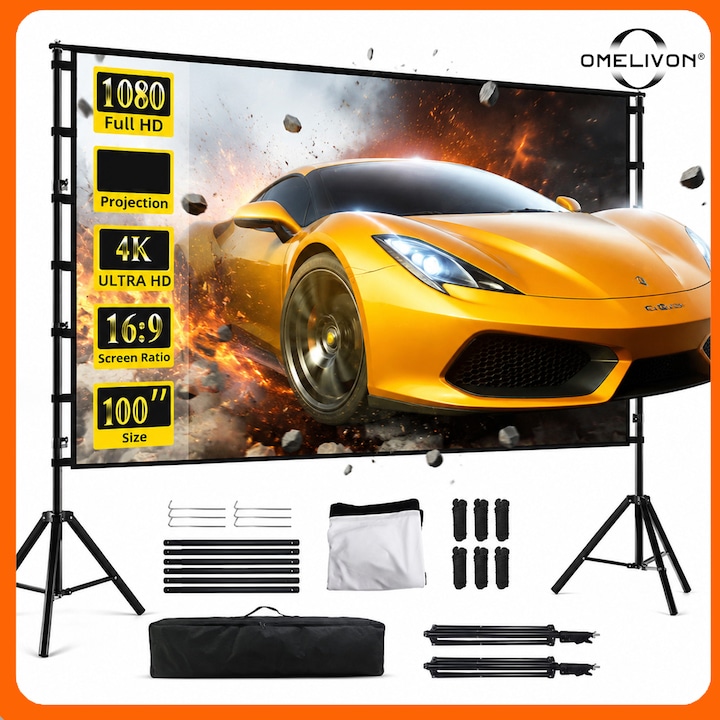 Ecran proiector portabil, Omelivon®,16:9, UHD, Ecran de Proiectie cu Trepied 100 Inch pentru Exterior cu suport,67.5~210CM, suport 3D, cu Geanta de Transport, nivel cinema 4K, pentru acasa, scoala, intalnire, pentru camping si home theater